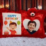Dual-Print Red Teddy Cushion – Personalized Heart & Square Design Pillow