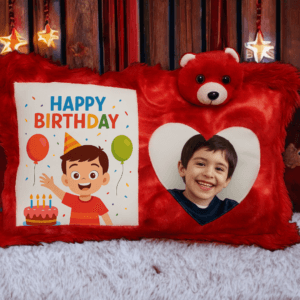 Dual-Print Red Teddy Cushion – Personalized Heart & Square Design Pillow