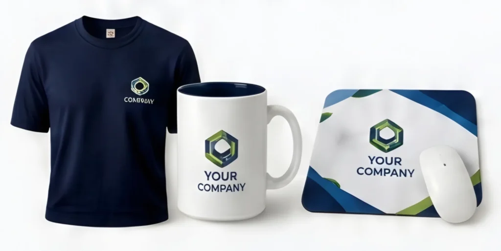 Essential welcome kit: heaven t-shirt, coffee mug, and mouse pad.