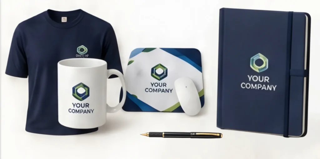 Standard welcome kits have: - t-shirt - mug - mouse pad - pen - diary