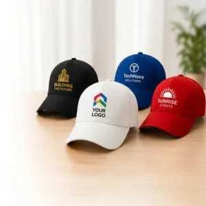 Multiple caps with company logos printed on them.